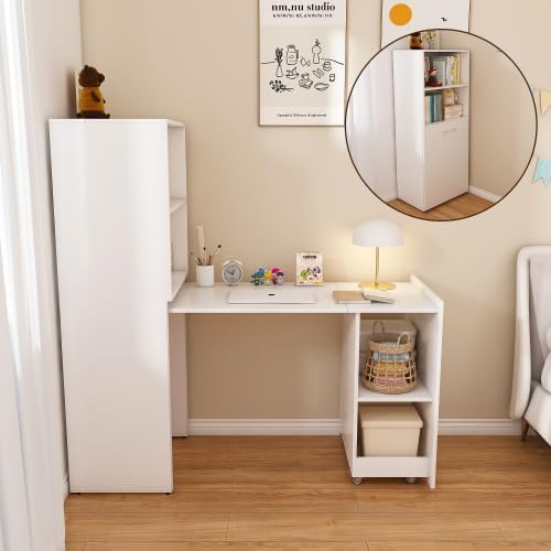 Folding Out Desk with Storage Shelves Expandable Hidden Computer Desk Foldable Space-Saving Pull Out Murphy Table Writing Table with Mobile Wheels for Home Office Bedroom Small Spaces (White)