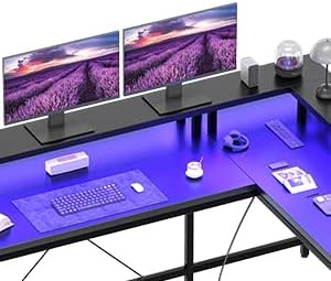 U Shaped Gaming Desk with RGB Lights - 60 Large Computer Desk with Power Outlets &amp USB Ports Sturdy l-Shaped Corner Desk for Home Office Ergonomic Workstation with Flip-Up Tabletop