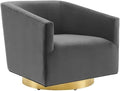 Pemberly Row Performance Velvet Swivel Chair 28H x 31.5W x 33D Brushed Gold Metal Base Stain-Resistant Charcoal Upholstery Dense Foam Padding Barrel Back Design for Living Room or Lounge Use