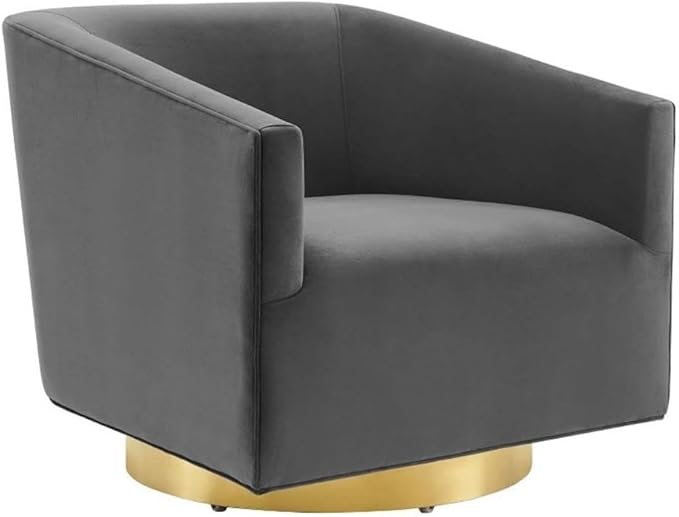 Pemberly Row Performance Velvet Swivel Chair 28H x 31.5W x 33D Brushed Gold Metal Base Stain-Resistant Charcoal Upholstery Dense Foam Padding Barrel Back Design for Living Room or Lounge Use