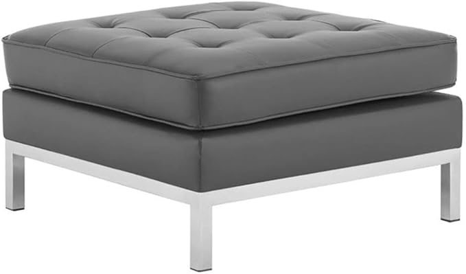 Modway Loft Tufted Button Faux Leather Upholstered Square Ottoman in Silver Gray