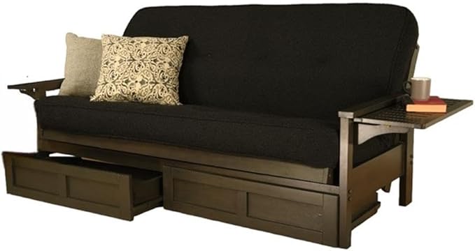 Kodiak Furniture Alamosa Full Size Futon Frame with Storage Drawers - Wood Sofa Sleeper Frame with Mattress Included in Canton Black Color