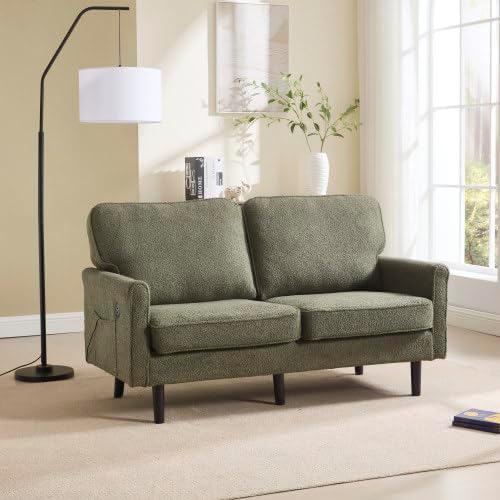 56 W Loveseat Modern 2 Seater Sofa with USB Charging &amp Storage Pocket Small Couch for Living Room Apartment Dorm Office (Green)