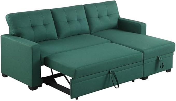 Devion Furniture L-Shaped Polyester Fabric Reversible Easy Convertible Pull-Out Sleeper Sectional Sofa/Storage Chaise with Tufted Back Cushions and Track Arms in Green