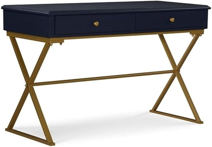 Pemberly Row Writing Desk 47.5 W x 19.5 D x 29.25 H MDF and Metal Blue Top with Gold Criss Cross Legs 2 Drawer Storage Modern Style for Office or Workspace