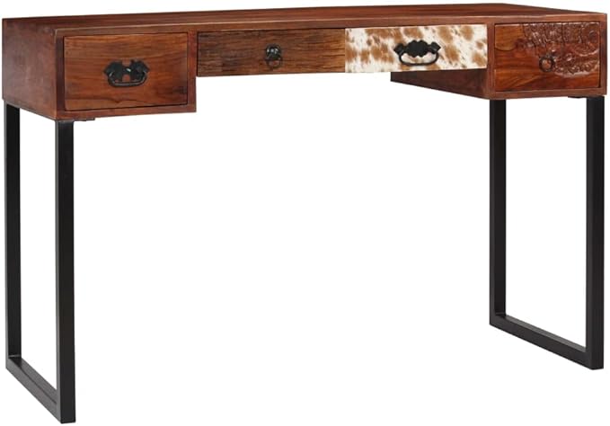 Industrial-Style Writing Computer Desk with Drawers Home Office Desk Writing Study Table PC Desk Workstation for Bedroom Solid Sheesham Wood and Real Leather 46.1x19.7x29.9