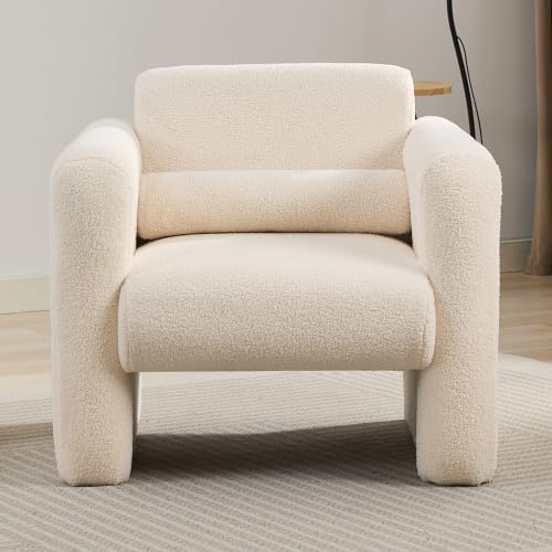 Modern Accent Chair Lambskin Sherpa Fabric Upholstered Comfy Reading Arm Chair Soft Padded Armchair with Back and Pillow for Living Room Bedroom Reception Waiting Room Office Cream