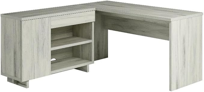 Pemberly Row Engineered Wood Desk with Credenza 30 H x 60 W x 65.98 D Haze Acacia/Natural Finish Adjustable Storage Shelves Drawer Cord Management L-Shaped Home Office Desk