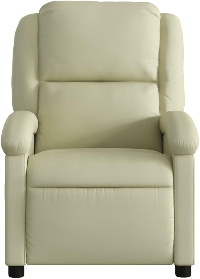 vidaXL Recliner Chair - Cream Real Leather Lounger - Manual Reclining with Solid Wood &amp Metal Frame Padded Armrests Side Pocket 242.5 lb Load Capacity - Living Room/Office