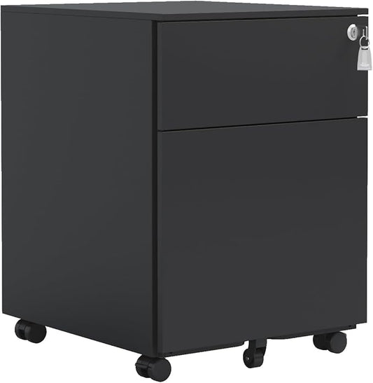 2 Drawer Mobile File Cabinet with Lock Steel File Cabinet for Legal/Letter/A4/F4 Size Fully Assembled Except for Wheels Home/Office Design Black