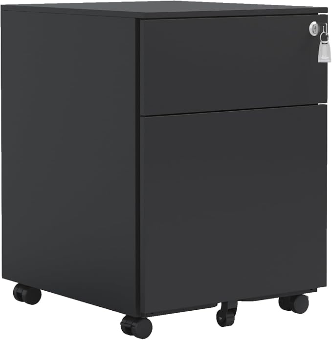 LifeSky Mobile File Cabinet for Office: 2-Drawer Rolling Storage with Lock - 5-Point Stability System &amp Full-Extension Drawers for Legal/Letter/A4/F4 Files - Compact Under-Desk Design for Home Off