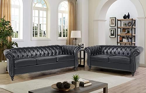 RARZOE Modern 2 Pieces Living Room Sofa Set Contemporary Tufted Button Faux Leather Three-Seater Couch and Chesterfield Loveseat with Nailhead Trim Scroll Arms for Home Furniture (Black)