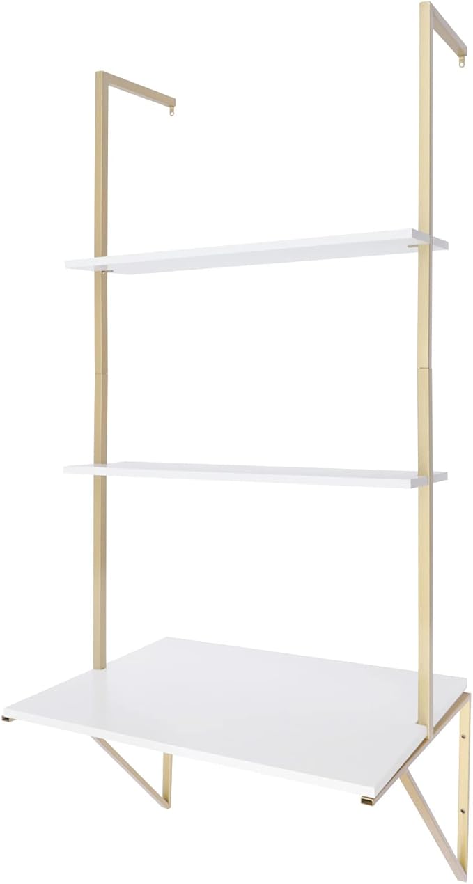 Wall Mounted Desk Gold Ladder Desk Wall Mounted Shelf 3 Tier Standing Desks for Small Space Mounted Desk Home Office Table Bedroom Writing Study Work Modern
