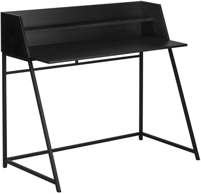 Pemberly Row Computer Desk 48 L Black Metal Particle Board Trapezoid Legs Hutch with Storage Shelf Contemporary Space-Saving Design for Home Office Living Room or Bedroom Use