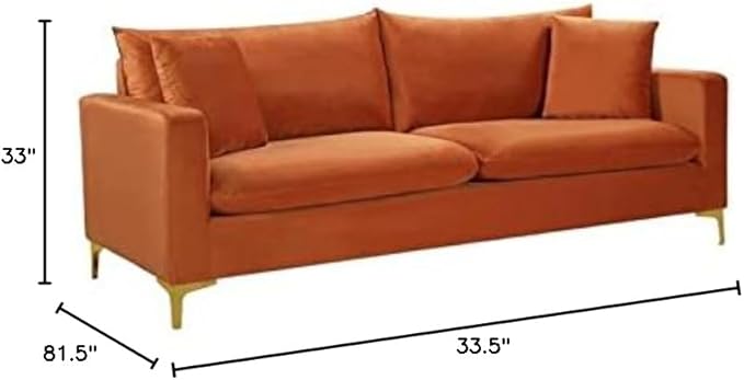 Meridian Furniture 633Cognac-S Naomi Collection Modern | Contemporary Velvet Upholstered Sofa with Deep Channel Tufting and Rich Gold Stainless Steel Legs Cognac 81.5 W x 33.5 D x 30 H