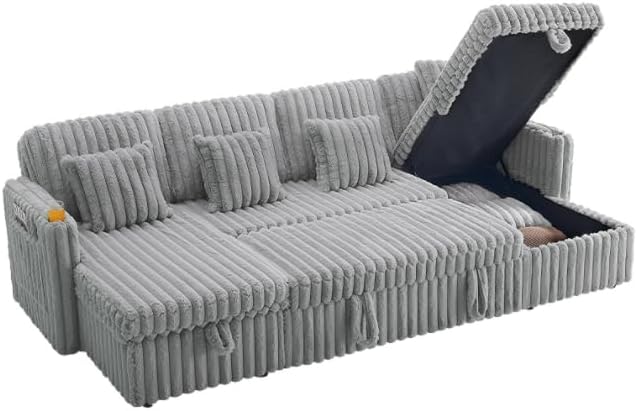 KEIKI 107 U-Shaped Convertible Corduroy Sectional Sofa with Double Storage Chaise &amp Square Arms &amp Pull-Out Bed Oversized Fluffy 5-Seater Sleeper Couch Easy Assembly for Living Room Light