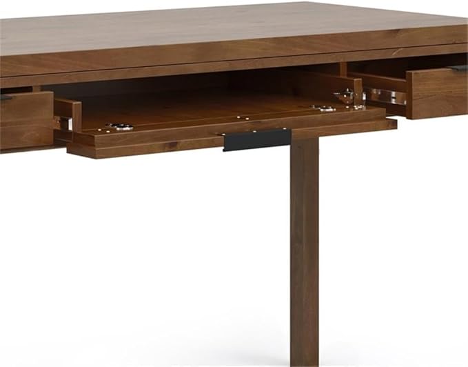 Pemberly Row Solid Wood Contemporary Desk 60 W x 24 D x 31.5 H Medium Saddle Brown Stain 2 Side Drawers Keyboard Tray Home Office Computer Desk