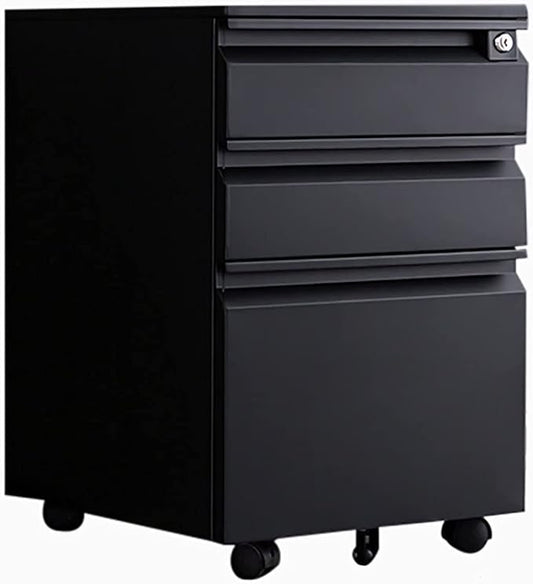 Office Desk Organizer Mobile File Cabinet with Lock and Drawers Lockable Pedestal with Silent Slide Black