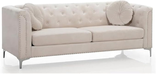 Glory Furniture Pompano Velvet Sofa in Ivory
