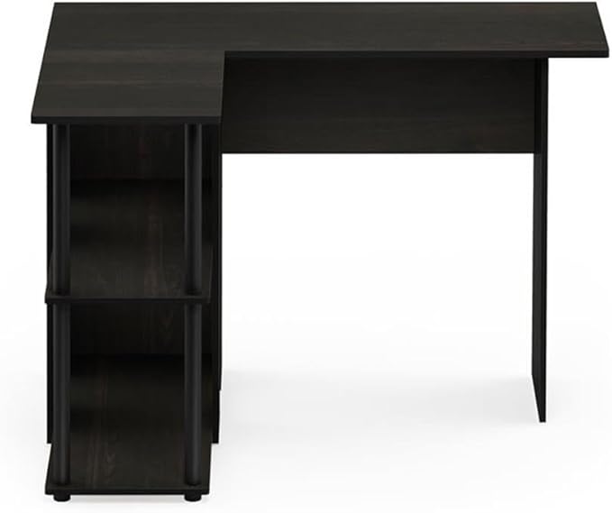 Pemberly Row L-Shape Engineered Wood Desk with Bookshelf Espresso/Black Finish 41.14 in W x 34.45 in D x 28.94 in H 2 Shelves Sturdy Modern Design for Home Office or Workspace
