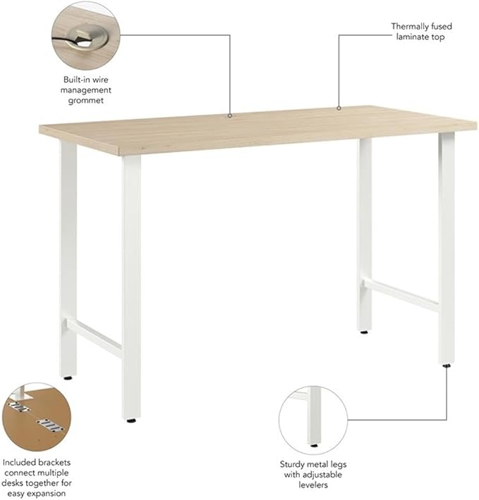Pemberly Row Engineered Wood Computer Desk 48W x 24D Metal Legs Natural Elm Finish Sturdy Workstation with Wire Management Adjustable Levelers Modern Small Office or Home Office Desk