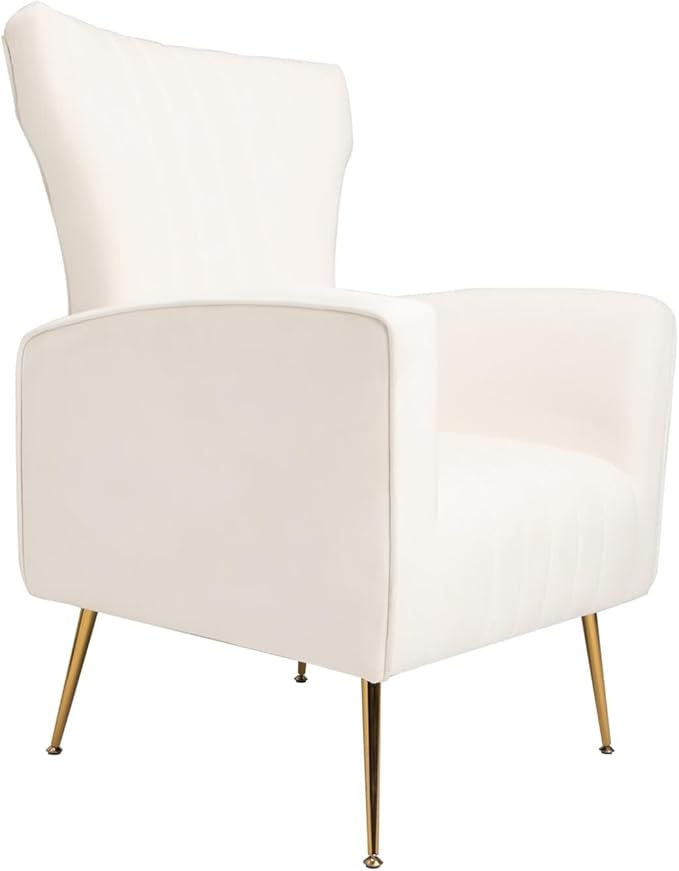 Velvet Accent Chair Wingback Arm Chair with Gold Legs Upholstered Single Sofa for Living Room Bedroom White