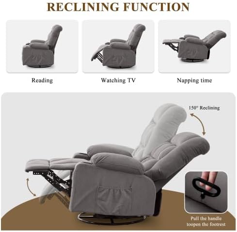 Oversized Recliner Chair for Adults w/ 4-Point 3D Kneading Massage and Lumbar Heating Swivel Rocker Recliner w/USB Charge Port for Living Room Ergonomic Lazy Boy Single Sofa Chair (Gray)