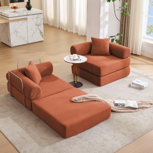 Foldable Sofa Bed 75 Inch Boneless Couch Convertible Memory Foam Sleeper Sofabed Floor Mattress with 2 Pillows Microfiber Cloud Sofa for Living Room Apartment No Assembly (Orange)