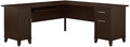 BOWERY HILL 71 Wood L-Shaped Desk Mocha Cherry Finish Transitional Home Office Desk Keyboard Tray Vertical Cabinet File Drawer Box Drawer Wire Management 72W Surface