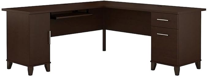 BOWERY HILL 71 Wood L-Shaped Desk Mocha Cherry Finish Transitional Home Office Desk Keyboard Tray Vertical Cabinet File Drawer Box Drawer Wire Management 72W Surface