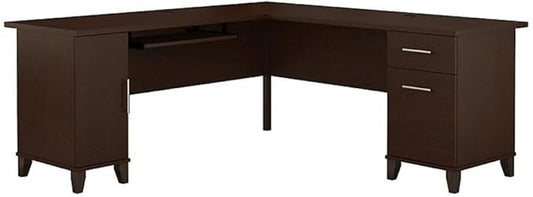 BOWERY HILL 71 Wood L-Shaped Desk Mocha Cherry Finish Transitional Home Office Desk Keyboard Tray Vertical Cabinet File Drawer Box Drawer Wire Management 72W Surface