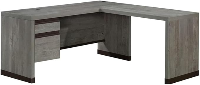 Pemberly Row Modern L-Shaped Engineered Wood Desk Mystic Oak Finish Metal Accents Lockable File Drawer Spacious Home Office Workspace Safety Certified for Durability and Performance
