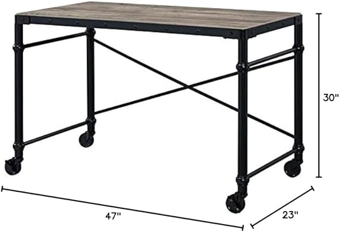 BOWERY HILL Writing Desk 47 in x 23 in Wood Table Top Rustic Oak &amp Black Finish Metal Base with Wheels Nailhead Accent Contemporary Style Home Office Desk