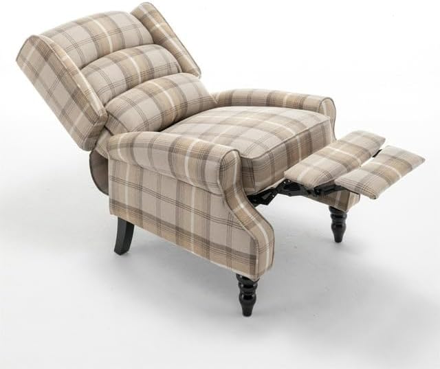 Upholstered Wingback Recliner Chair Plaid Recliner Chair Armchair Adjustable Footrest Push Back Reclining Sofa Mid-Century Modern Lounge Armchair for Living Room Bedroom Reading -- Natural