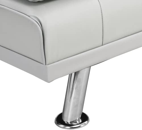 Convertible Folding Futon Sofa Bed Leather Upholstered Modern Couch Loveseat Sleeper Folding Daybed Guest Bed Removable Armrests 2 Cup Holders Metal Legs (White)