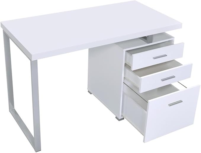 Pemberly Row Modern 3-Drawer Wood Office Desk 47.25 W x 23.5 D x 30 H White Finish Silver Metal Frame Spacious File Cabinet Reversible Setup Home Office Desk for Indoor Use
