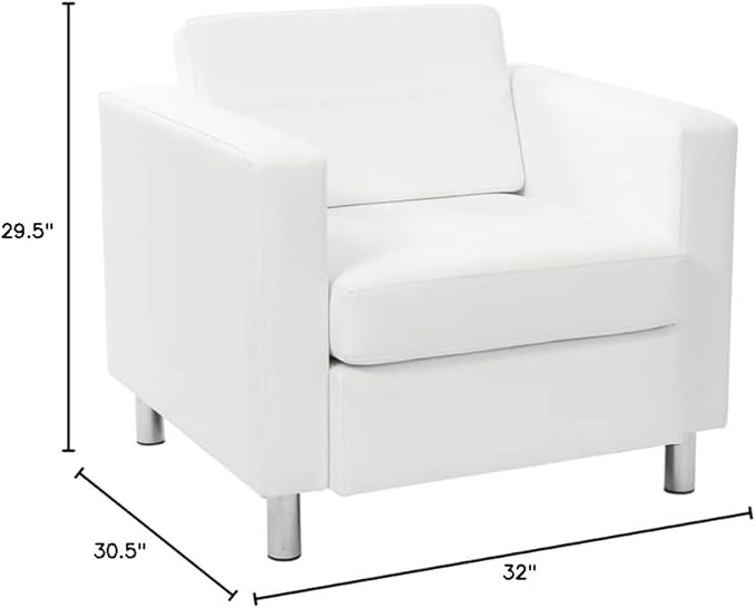 Pemberly Row Contemporary Faux Leather Armchair Snow White Vinyl Upholstery Silver Metal Legs Box Spring Seat 32 W x 30.5 D x 29.5 H Modern Guest Chair for Living Room or Office