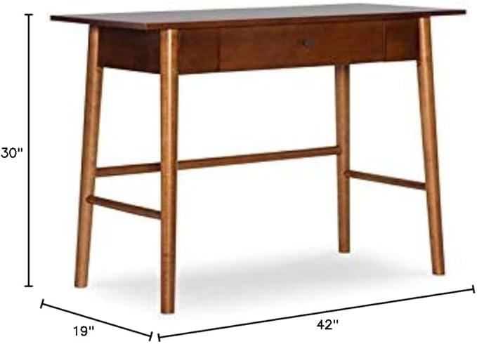 Allora 1-Drawer Mid-Century Wood Desk Warm Walnut Finish 42W x 19D x 29.63H Rubberwood and Birch Veneer Rounded Legs Sleek Black Drawer Knob Home Office Desk for Bedroom or Living Room Use