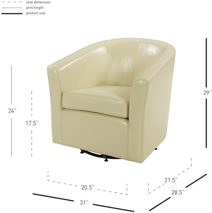 Pemberly Row Bonded Leather Swivel Tub Chair Beige Finish 29.5 H x 30 W x 29.5 D Solid Birch Wood Legs Dark Mahogany Accent Durable Upholstered Accent Chair for Living Room or Office Use