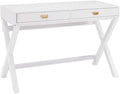 Riverbay Furniture Campaign Style Writing Desk 44 in x 20 in x 30 in White Finish Rose Gold Hardware 2 Drawers X-Framed Legs Sturdy Home Office Desk for Work and Study