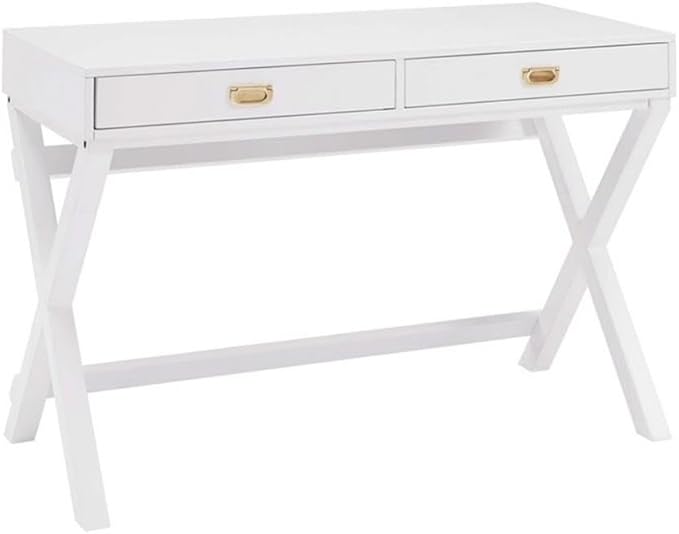 Riverbay Furniture Campaign Style Writing Desk 44 in x 20 in x 30 in White Finish Rose Gold Hardware 2 Drawers X-Framed Legs Sturdy Home Office Desk for Work and Study