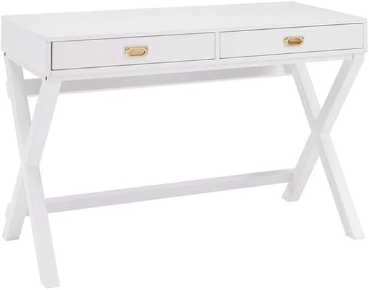 Riverbay Furniture Campaign Style Writing Desk 44 in x 20 in x 30 in White Finish Rose Gold Hardware 2 Drawers X-Framed Legs Sturdy Home Office Desk for Work and Study