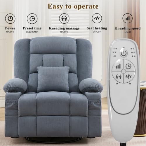 Oversized Recliner Chair for Adults w/ 8-Point 3D Kneading Massage and Lumbar Heating Swivel Rocker Recliner w/USB Charge Port for Living Room Ergonomic Lazy Boy Single Sofa Chair (Blue)