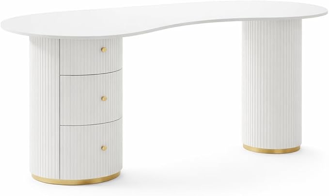 LITFAD Computer Desk Irregular Sintered Stone Home Office Desk with 3 Drawers Modern Style Boss Table Beauty Salon Reception and Consultation Table Matte White 47L x 23.5W x 29.5H Table Only