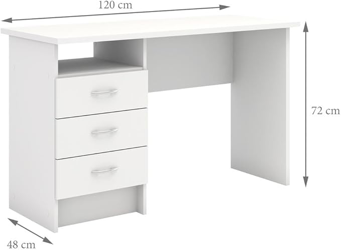 Stylish White Desk with Three Drawers and Open Shelf for Home Office