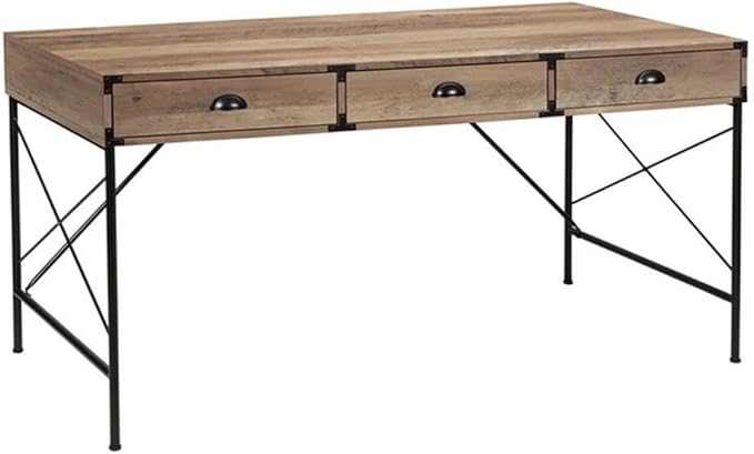 Pemberly Row 3-Drawer Engineered Wood Writing Desk Rustic Oak Finish 59 W x 29.5 D x 29.5 H Manufactured Wood and Metal Frame Modern Style Desk for Home Office Bedroom or Living Room Use