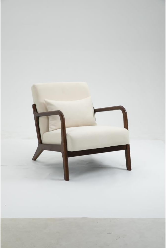 Mid Century Modern Accent Chair with Wood Frame Upholstered Living Room Chairs with Waist Cushion Reading Armchair for Bedroom Sunroom (White + Velvet + Cotton-1)