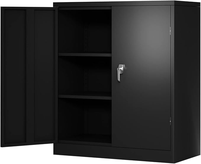 GLigeT Filing Cabinet Black Metal Filing Cabinet Storage Cabinet with 2 Doors and 2 Shelves Lockable Steel Storage Cabinet for Office File Storage Cabinets