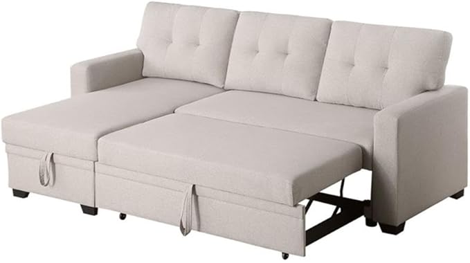 Devion Furniture L-Shaped Polyester Fabric Reversible Easy Convertible Pull-Out Sleeper Sectional Sofa/Storage Chaise with Tufted Back Cushions and Track Arms in Beige
