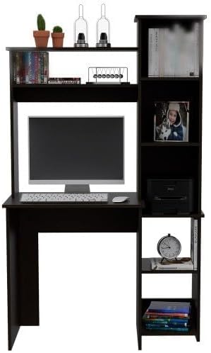 Black Desk with 5 Shelves &amp Superior Storage - Industrial Home Office Computer Desk